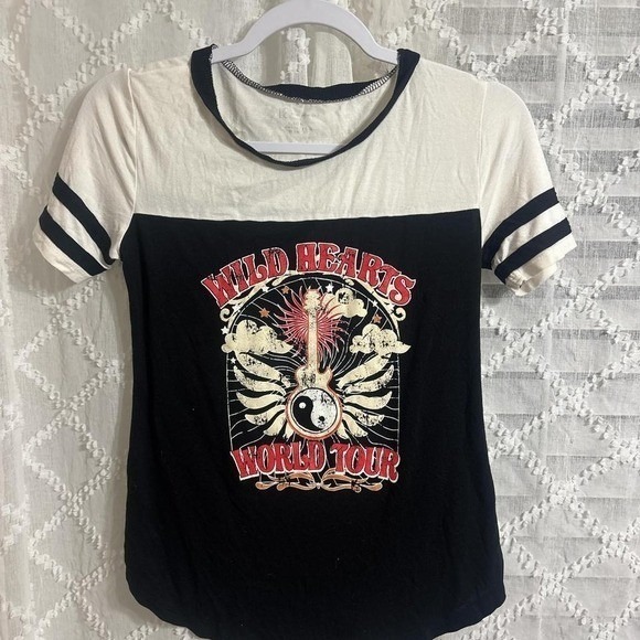 Mighty Fine Tops - Wild Hearts World Tour Graphic T-Shirt Black White Rocker Ringer Tee Womens